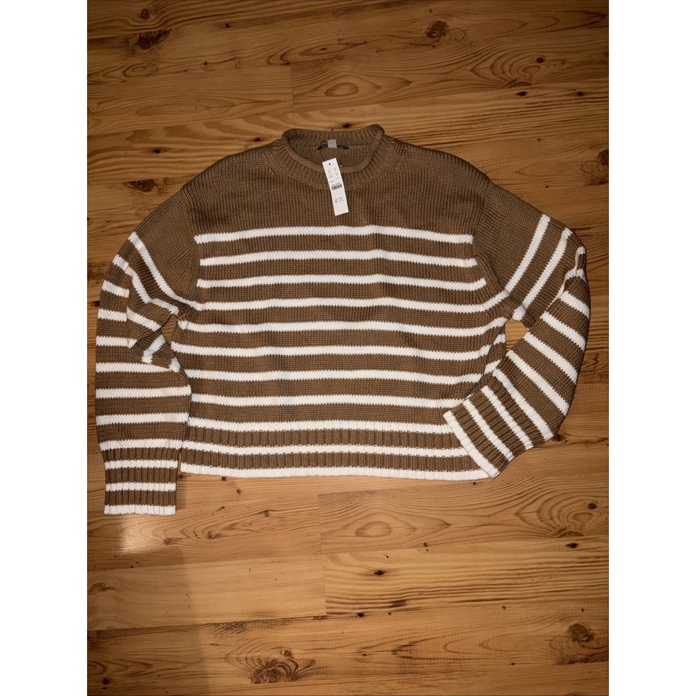 NWT J. CREW Sz L Camel Ivory Stripe Rollneck Sweater 100% Cotton Classic Tan